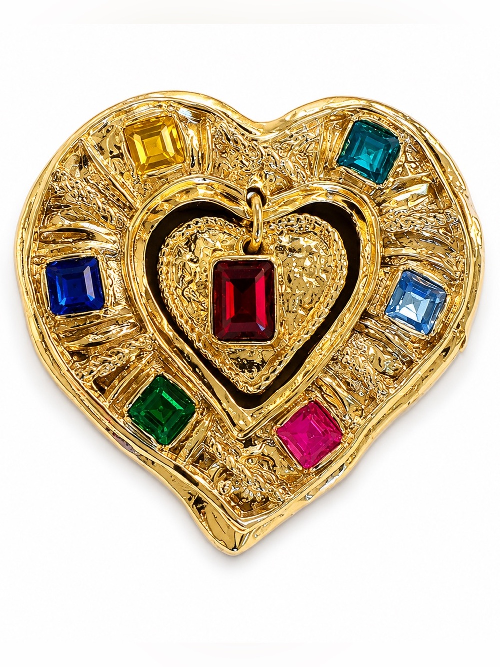 NWT Gold Tone‎ Heart Brooch with Multicolor Crystal Accents